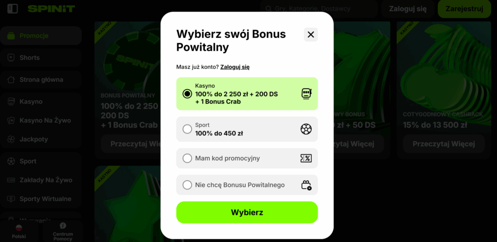 Bonus powitalny w kasynie Spinit