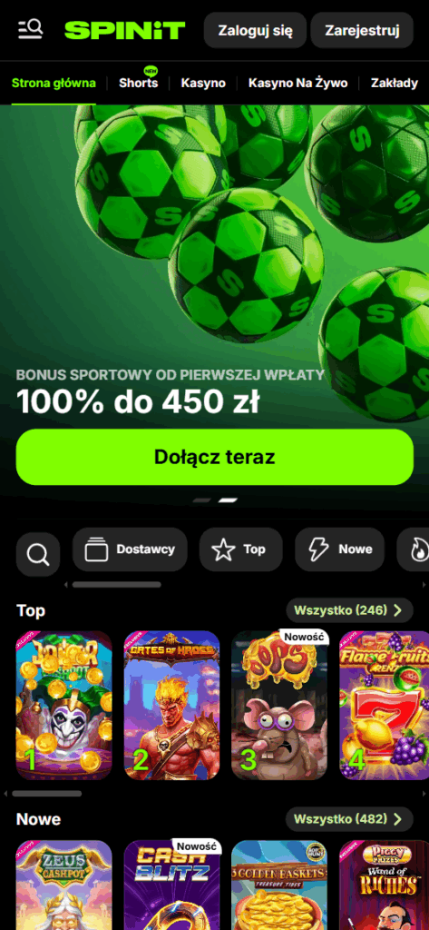 Interfejs kasyna Spinit dla graczy mobilnych